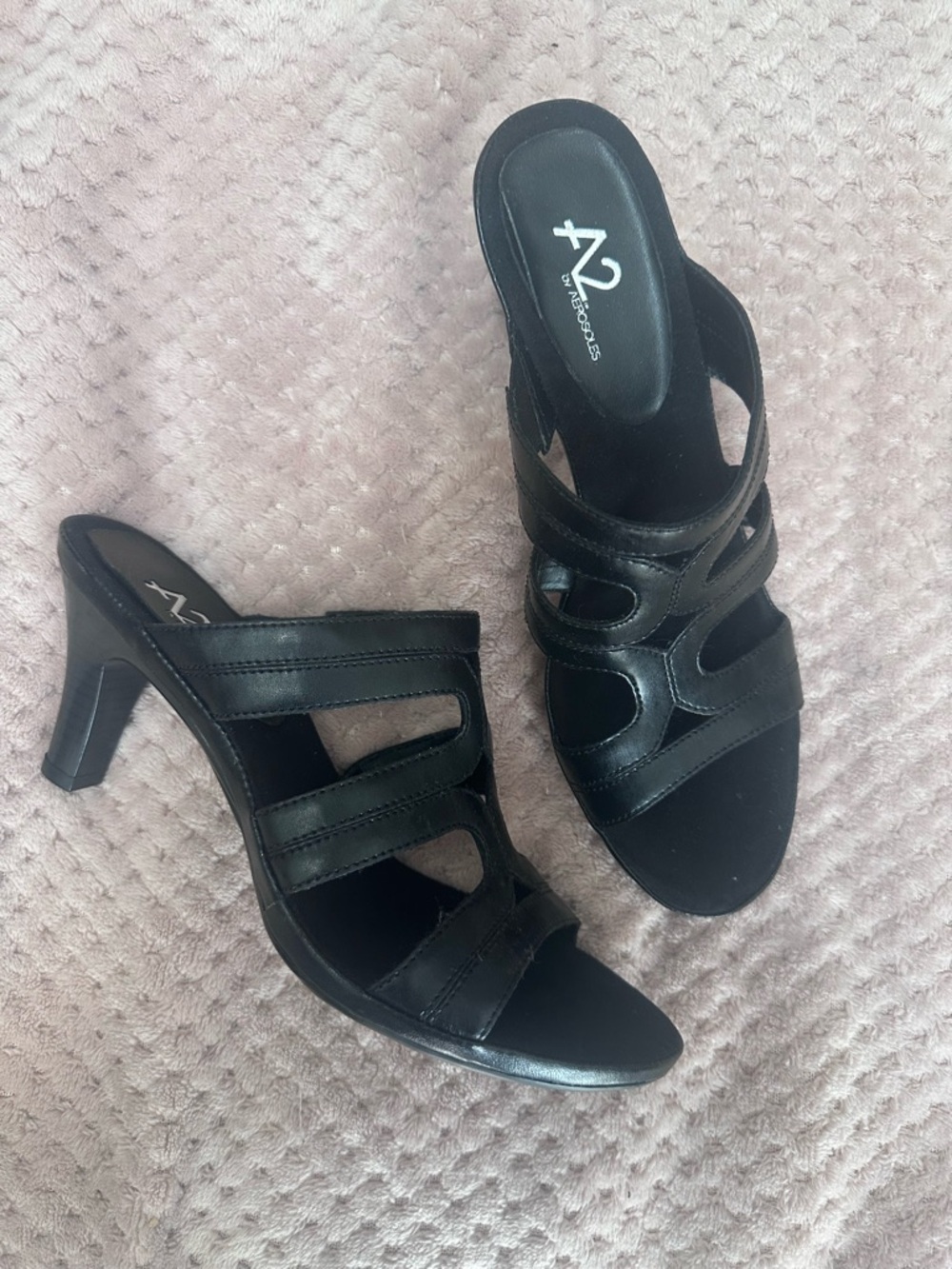 A2 By Aerosoles Black Leather Strappy Mule Heels